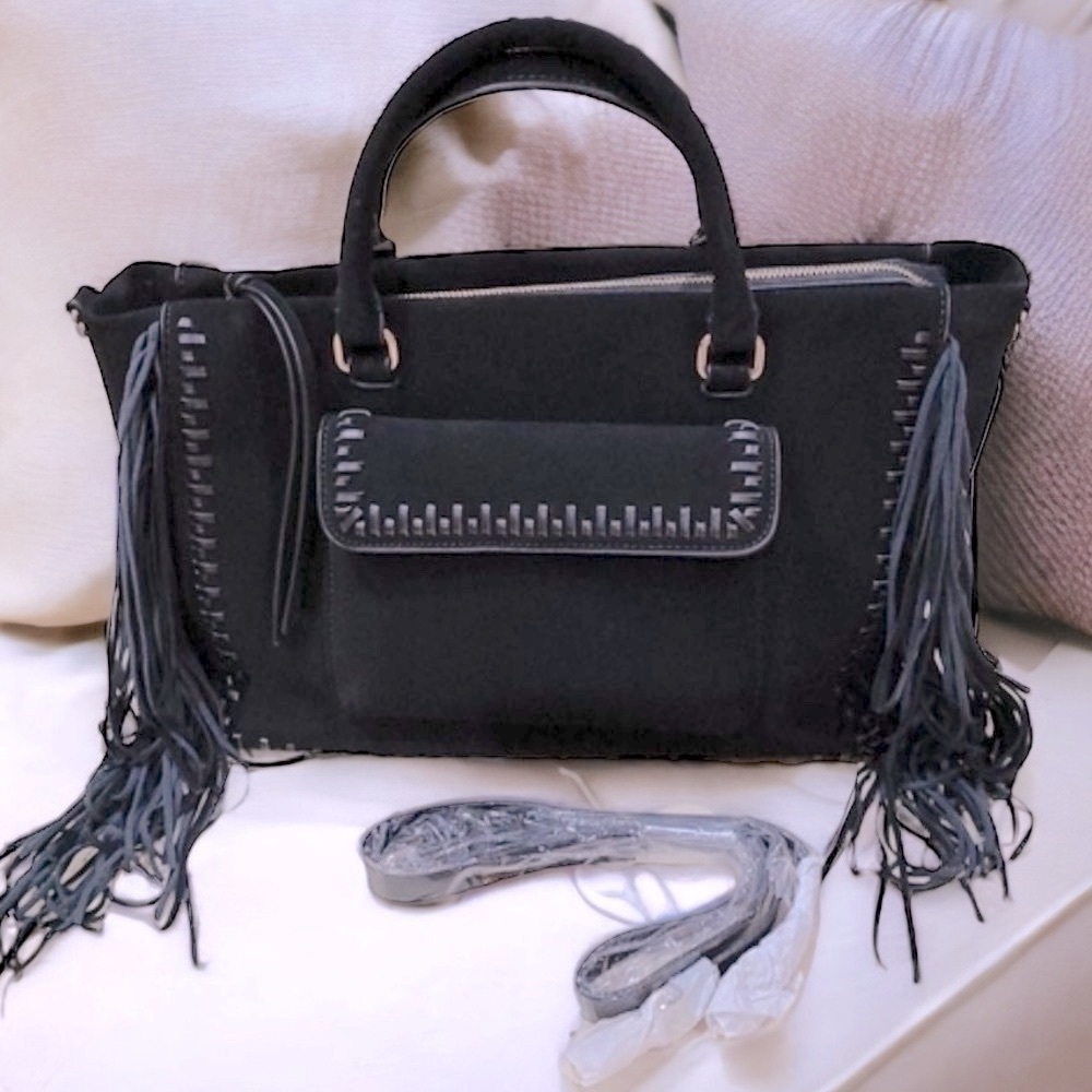 NEW Black faux suede velvet-y handbag shoulder bag boho fringe 13”L x 9” x 6”H